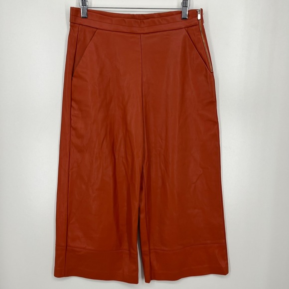 Zara Pants - Zara Trafaluc Faux‎ Leather Pants Women's M Orange Side Zip Biker Wide Leg Crop